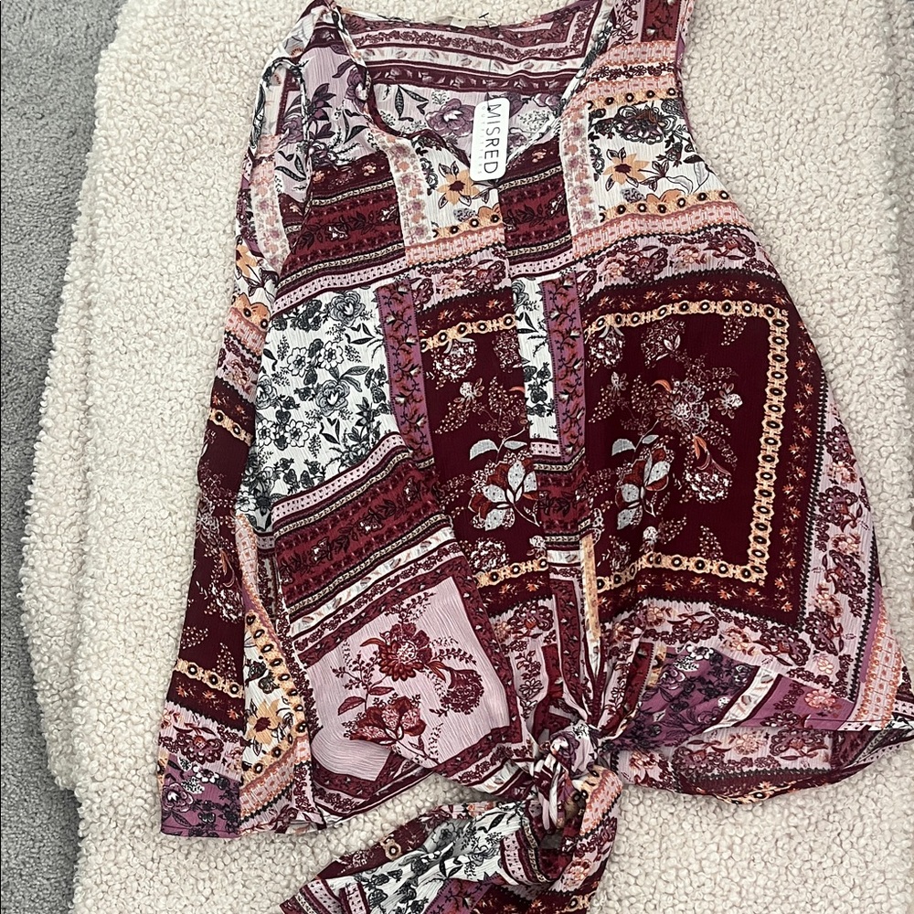 MISRED Boutique Boho Patchwork Tie-Front Tank - Burgundy & Pink Floral. Sz S NWT
